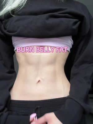 The cover image features a close-up shot of a person's midsection, focusing on their torso. The person is wearing a light pink sports bra and black sweatpants. The upper body is somewhat obscured by a black hoodie, pulled up to just frame the abdomen. The text overlay, 'BURN BELLY FAT', is in a pink, glowing font, prominently displayed across the midsection. The background is simple and out of focus, emphasizing the midriff and the bold text.
