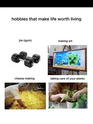 The image is a grid of four photos showcasing different hobbies: weightlifting, digital art of a Minecraft creeper, cheese making, and tending to plants. Text overlays describe the activities.