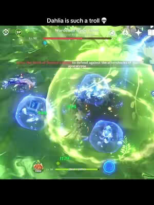 The image shows a scene from a video game, likely Genshin Impact, dominated by green and blue hues. In the foreground, there are several blue, bubble-like structures, possibly shields or barriers. Inside these, there are hints of figures or objects. In the background, a blurred environment in shades of green suggests a natural or outdoor setting.
