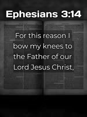 An open book with text from Ephesians 3:14 in white font. The pages of the book are visible, with lines representing the text.