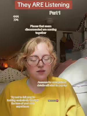 A woman, wearing large glasses and a yellow sweater, is the focus of the image. Text overlays with various phrases are added throughout, including "They ARE Listening", "Part 1", and instructional text like "Try not to fall prey to looking exclusively through the lens of your own experience." The background appears to be a bedroom setting with fairy lights and bedding visible.