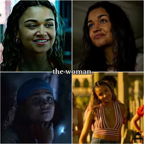 A collage of four images featuring a young woman. Top left shows her with a smile, top right with a subtle expression, bottom left with a reflective look, and bottom right with a half-smile outdoors. Text overlay says 'the-woman'.