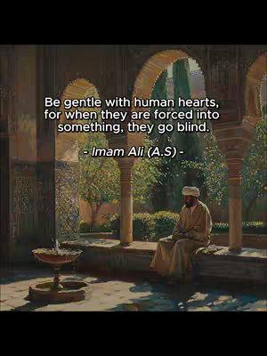 An image of a serene, historically inspired courtyard, possibly a palace or a religious structure. The scene is bathed in warm, natural light that highlights the arches, columns, and the textures of the stone and architectural details. A person is seated on a stone bench, with the soft light illuminating the details of their clothing and face. Text is overlaid on this image, presenting a quote from Imam Ali