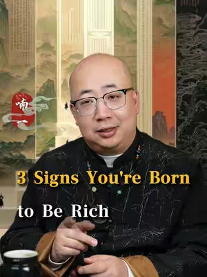 A man with glasses is centered in the frame, smiling slightly. The background features panels of traditional Asian art. Overlayed text in yellow reads, "3 Signs You're Born to Be Rich."