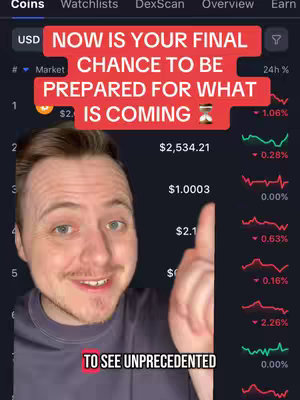 A man in a blue shirt points upward. Behind him, a stock market display is visible, with red and green lines indicating market fluctuations. Text overlays are present in red and white.