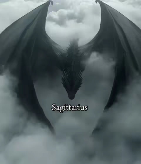 A dramatic image featuring a dragon soaring amidst a cloudy sky. The dragon, primarily black, has large wings spread wide, dominating the frame. Wisps of clouds surround the dragon, which is positioned in the center of the shot. Text overlayed on the image reads 'Sagittarius.' The color palette is muted, with shades of gray and black dominating the scene, conveying a sense of mystery and fantasy.