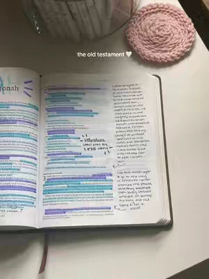 The cover image shows an open bible on a white surface, likely a desk. The pages are marked with highlighters and handwritten notes. A pink knitted coaster sits nearby, with a glimpse of other items above it. The text overlay reads 'the old testament'.