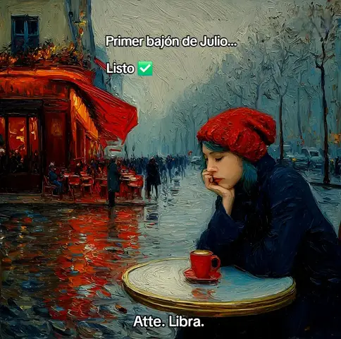 An impressionistic painting depicts a rainy Parisian street scene. The foreground features a woman in a red beret sitting at a cafe table, resting her head on her hand with a contemplative expression. A red cup of coffee sits on the table. The background shows a bustling street with people, a cafe with red awnings, and wet, reflective surfaces on the ground.
