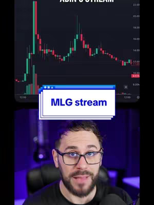The cover image shows a man in a black t-shirt wearing glasses, looking at the camera and speaking. Over his head is a screenshot of a trading chart in the background. The chart shows a green and red fluctuating line. Above the chart is text that says 'Adin's stream'. Below the chart is a text box that says 'MLG stream' on the bottom layer.