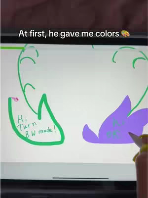 A screenshot of a drawing on an iPad. Text overlays indicate different stages of the artwork. Green and purple colors are used.
