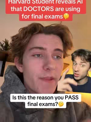 The image shows a young man in a close-up shot talking to the camera, with text overlays. A smaller image of another man in a blue shirt pointing is in the background. The main figure wears a gray hoodie, and text in red and white boxes emphasizes the topic of Harvard students and AI assisting in final exams.