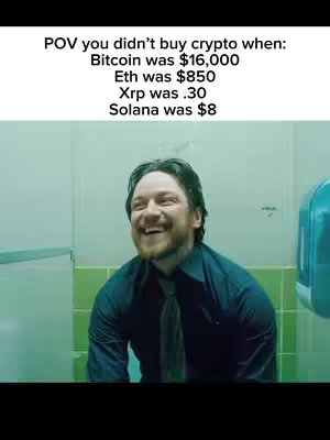 The cover image features a man smiling and laughing, positioned in what appears to be a bathroom. The setting has green tile and light green walls. Above the man, overlaid text describes a missed opportunity related to cryptocurrency.