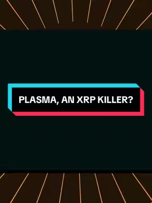 The image features a dark background with a pattern of brown and gold rays radiating from the top. In the center, a rectangle with a cyan top and a red bottom contains the white text: "PLASMA, AN XRP KILLER?"