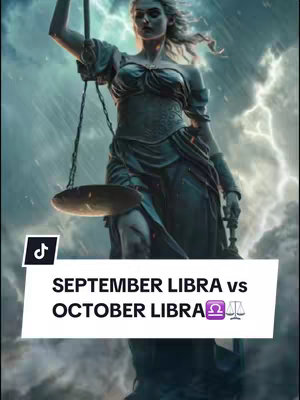 The cover image features a digital illustration of a female figure representing Libra. She is sculpted in a stone-like texture, holding scales. The background is of a stormy sky with lightning. A white banner at the bottom has the text "SEPTEMBER LIBRA vs OCTOBER LIBRA" arranged with zodiac symbols on it.