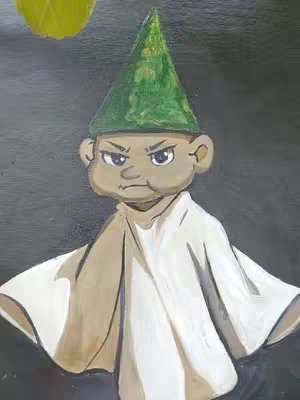 A cartoon image of a gnome-like character with angry eyes, a green hat, and a white robe against a dark grey background. There is a yellow object in the upper left.