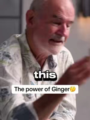 The cover image features a middle-aged man in a light-colored patterned shirt, set against a soft-focus background, likely an interior. Text overlays, including the word 'this' in a bold font within a white box with a black outline, and a bottom banner saying 'The power of Ginger 🤔', suggest the content is related to health or wellness, presented in a conversational context.