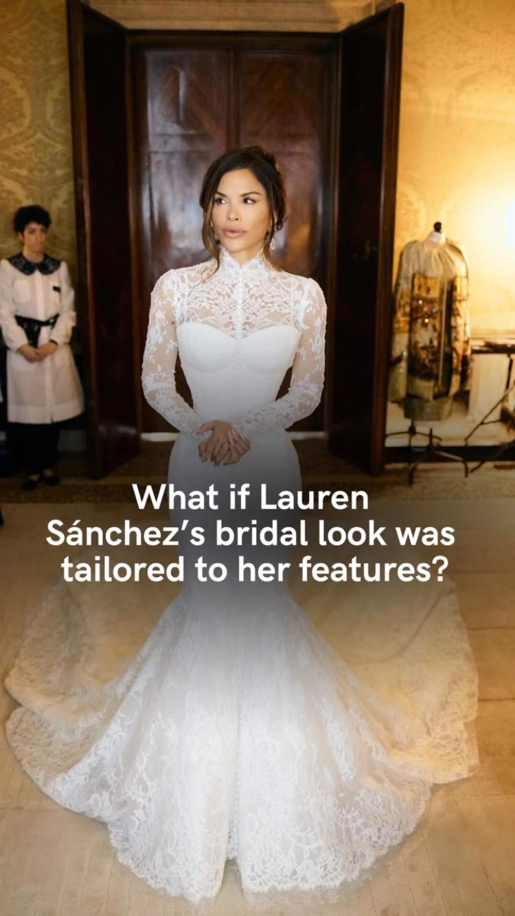 The image showcases a woman in a white lace wedding dress, standing in what appears to be a luxurious interior. She is positioned centrally, hands clasped. Overlayed text asks if the bridal look was tailored to her features.