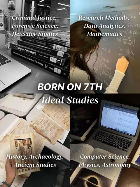 A collage-style image divided into four quadrants, each showcasing a different area of study. At the top left, a stack of books related to criminal justice and forensic science is visible. The top right shows a person at a chalkboard with mathematical equations. The bottom left features old papers representing history and archaeology. The bottom right displays a laptop and book relating to computer science and physics. Added text overlays list the subjects.