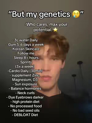 A medium shot shows a young man against a blurred background. The man, with light skin and light brown hair styled with a side part, looks directly at the camera. Overlaid on the image is white text with a mix of bullet points and header-style phrasing, discussing glow-up tips in a list format. The color scheme is monochromatic, with the man's skin and hair providing the only visual diversity.