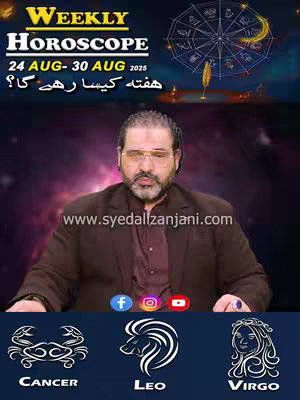 The cover image features a man in a suit at the center, with text overlayed at the top indicating the video's topic. Below the man, there are horoscope symbols. The background has a gradient color transitioning from purple to dark, and it also has a zodiac wheel.