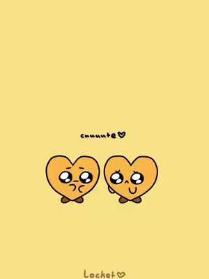 A whimsical illustration with a yellow background. Two cartoonish heart characters with cute expressions are featured in the lower center. The word "cunnute" in a handwritten font is above them. The image has a playful and affectionate vibe.
