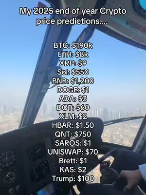 The image shows an aerial view through a helicopter windshield. Text overlays detail predictions for various cryptocurrencies' prices at the end of 2025. The background features a clear blue sky and the edge of a city skyline, with the helicopter's interior framing the scene.