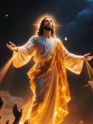 The image depicts Jesus with long flowing hair, a beard, and a radiant aura. He is wearing a white robe and a golden shawl-like garment. His arms are outstretched, with his palms facing up, and a bright light emanates from his body, suggesting a heavenly presence. Below, several dark figures extend their hands towards him. The background suggests a dramatic sky with soft clouds and a gradient of light.