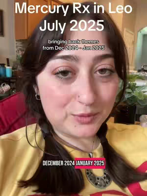 A close-up shot of a young woman with dark hair, in front of a blurred background. The woman is looking directly at the camera. The text overlay highlights the topic and timing of the astrological content.