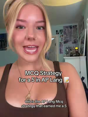 A young woman with blonde hair and a brown tank top is looking directly at the camera and smiling. Text overlays on the image provide information about the video's focus on AP Lang MCQ strategy.