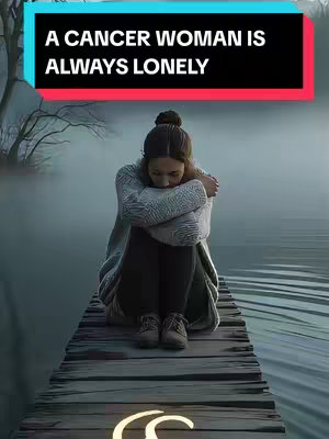 A woman sitting on a wooden dock, hugging her knees with her head down. She is on a dock over calm water. The background is a misty, forested landscape. Overlayed text appears at the top of the screen.