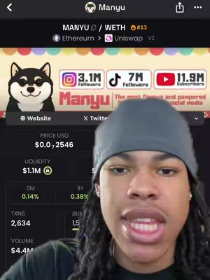 The cover image shows a person partially visible holding a phone screen towards the viewer. The screen displays information about the crypto project Manyu, including its price, token stats and social media followings. The creator is centered in the frame, wearing a grey beanie, with their face and hands dominating the frame.