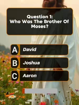 The image features a quiz question with three answer options laid over a blurred background of someone in white robes, possibly a religious figure, and a field of colorful flowers. A dark rectangular box displays the question, and three more boxes below it provide the answer choices.