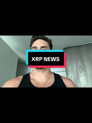 A selfie-style shot with a man at the center. The upper body is visible, wearing a black tank top and a delicate chain. The background is a blurred interior. A rectangular overlay with the text 'XRP NEWS' covers the lower part of his face and the background behind him, framed by red above and turquoise below.