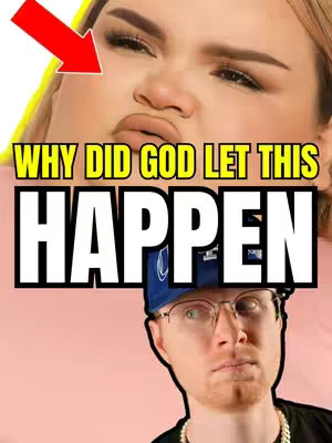 The cover image is split into two sections with a light-colored background.  The top half shows a close up of a woman with blonde hair and makeup, angled slightly towards the left with a red arrow pointing towards her face. Below this, in front of a light pink background, is a man wearing glasses and a blue hat looking up. In the center is the question 'WHY DID GOD LET THIS HAPPEN' in a yellow outlined, bold font.
