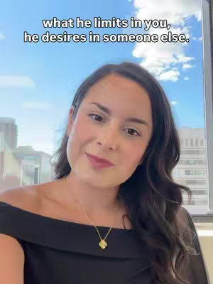 A woman looks into the camera with a soft smile. Overlaid on the image is white sans-serif text, which appears to be a quote.