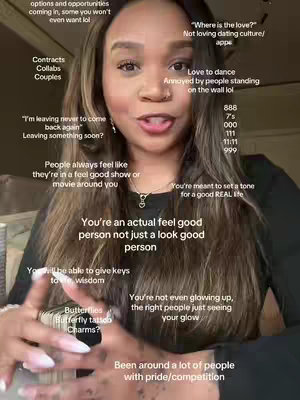 A woman with long brown hair is centered in the image, looking towards the camera and speaking. The background is out of focus, letting the woman be the main focus. Text overlays are scattered around her, contained within informational bubbles and speech marks. The woman's hands are slightly visible, framing her face.