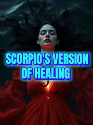 A woman with dark hair is the central figure, reclining with closed eyes. The background fades into a dark, atmospheric space. Overlayed on the image is text in a blue gradient, featuring the words 'SCORPIO'S VERSION OF HEALING'. The woman is wearing a red dress with a symbol over it. The overall composition is ethereal and mystical.