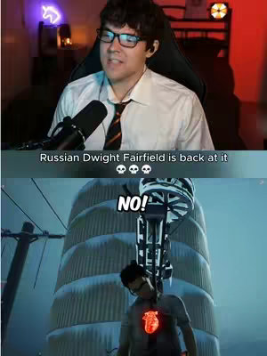 The cover image is a vertical split screen. The top half shows a man in a white shirt, glasses, and a tie, speaking into a microphone against a blurred background. The bottom half presents a scene from a video game with a figure hanging from a tower with 'NO!' overlaid.