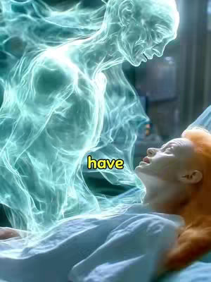 The image shows a woman lying in bed, looking upwards with a startled expression. Above her, a ghostly, translucent figure is positioned. The text overlay 'have' floats near the woman's head.