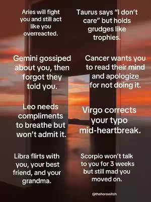 An image featuring an artistic gradient background with what looks like a double door or window open. On the left-hand side are the Zodiac signs: Aries, Gemini, Leo, and Libra. The right-hand side shows Taurus, Cancer, Virgo, and Scorpio. Each sign has associated characteristics and personality traits.
