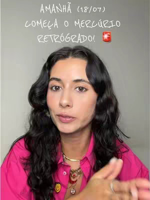 A selfie-style shot of a young woman with dark, wavy hair and a pink button-down shirt. Text overlay at the top announces a retrograde event. She has multiple necklaces and a ring, and is gesturing with her hand.