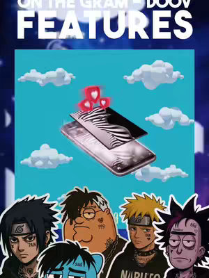 The image has a blue background with cartoon clouds. A phone graphic is in the center, with a zebra-striped image overlaid. Above it, floating hearts appear. Below the phone are cartoon characters, including Sasuke, Gumball, Naruto, Rick, and Peter Griffin.