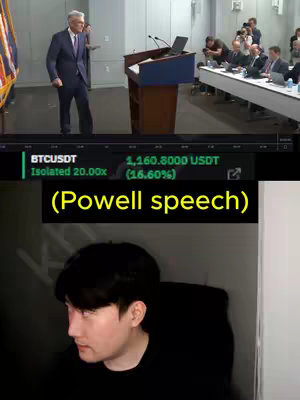 The cover image shows a split screen. The background shows an official speaking in a conference setting, with information about the cryptocurrency BTCUSDT underneath the visuals. A person's face is in the lower section of the image.