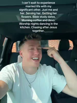 A young man is sitting in the driver's seat of a car, smiling and gazing slightly upward. Text describing a vision of married life is overlaid on the image. The scene appears to be lit by daylight.