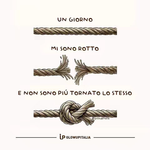 The image is a motivational graphic that depicts a rope in three stages. The first stage shows an intact rope labeled "UN GIORNO". The second shows the rope broken in the middle, labeled "MI SONO ROTTO", and the third shows the rope tied together in a knot, labeled "E NON SONO PIÙ TORNATO LO STESSO". The image is set against a simple, light background, with the text and rope illustrations in a neutral color palette. The creator's Instagram handle is present at the bottom-right corner.