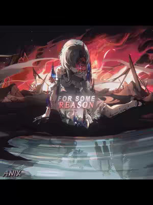 An anime-style illustration features a seated female figure with long hair, partially obscured by a decorative headdress that resembles a mask with a floral design. The background is a mixture of dark and vibrant red hues, suggesting fire or a dynamic, possibly apocalyptic setting. The figure is seated on what appears to be water or a reflective surface, with ruins and debris scattered around, creating a sense of desolation.