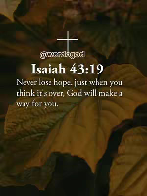 The cover image features a backdrop of blurred, abstract leaves in shades of brown and green. Overlaid on this is a white cross, positioned at the top center. Below the cross, in a clean, sans-serif font, are the text: '@wordogod', immediately followed by the biblical reference 'Isaiah 43:19'. Following this, written in bold, dark font are the words, 'Never lose hope. just when you think it's over, God will make a way for you.' The overall design is simple and contemplative, with a focus on the text.