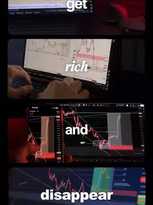 A vertical video cover with four sections. The top shows a laptop screen with a program interface, the second features hands typing on a laptop with the word "rich" overlaid, the third displays a phone screen with overlaid text "and", and the fourth shows the words "disappear" over another screen. The background is a gradient of dark colors.