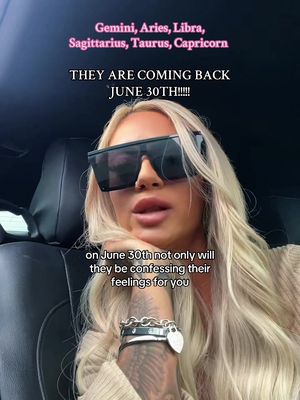 A woman in a car wearing large sunglasses, looking towards the camera. Text overlays the image announcing a date for certain zodiac signs. The background seems to be a car interior.
