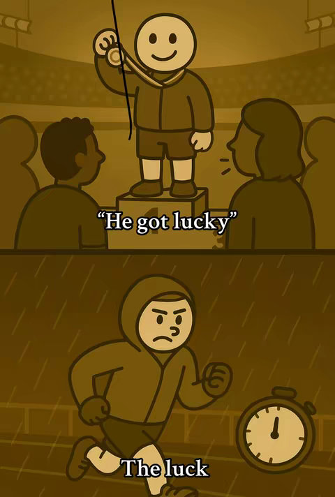 An animated image featuring two scenes. The top shows a stick figure with a medal on a podium being spoken to by two other stick figures. The text overlay says "He got lucky." The bottom portion shows a stick figure in a hoodie running towards a stopwatch with the text overlay stating, "The luck".